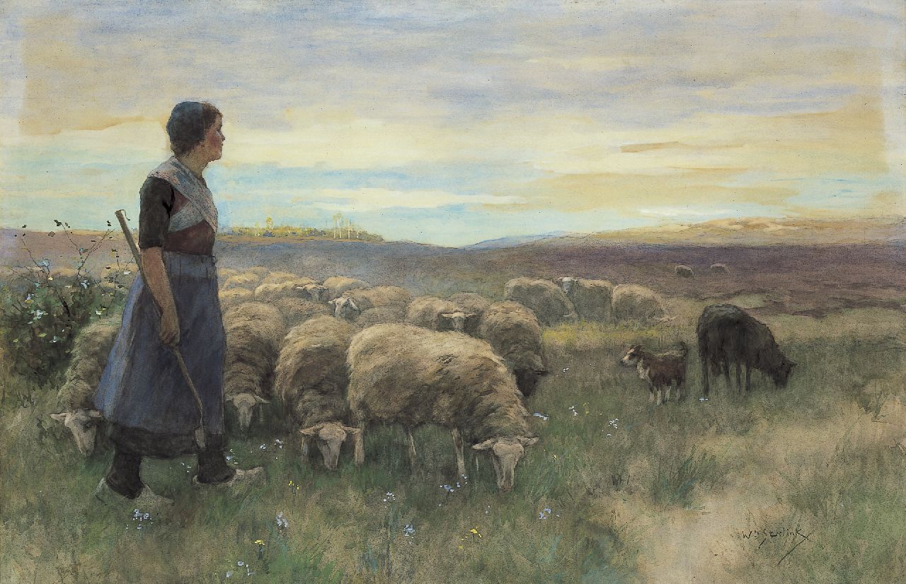 Steelink jr. W.  | Willem Steelink jr., Hoedster met schapen op de hei, aquarel op papier 68,0 x 102,0 cm, gesigneerd rechtsonder