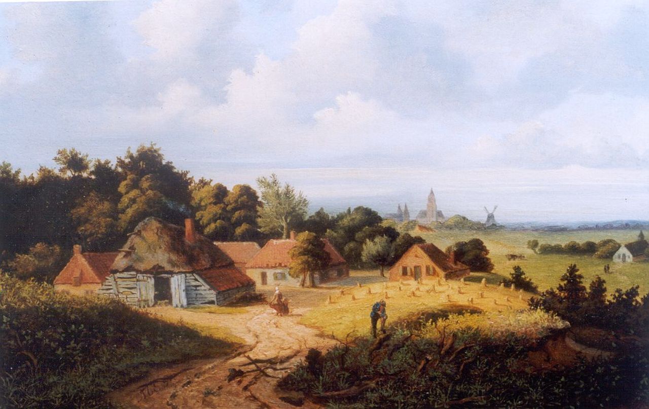 Perné M.E.  | Mattheus Eliza Perné, Zomerlandschap met boerenhoeves met Arnhem in het verschiet (tezamen met pendant), olieverf op paneel 23,0 x 30,8 cm, gesigneerd linksonder met initialen