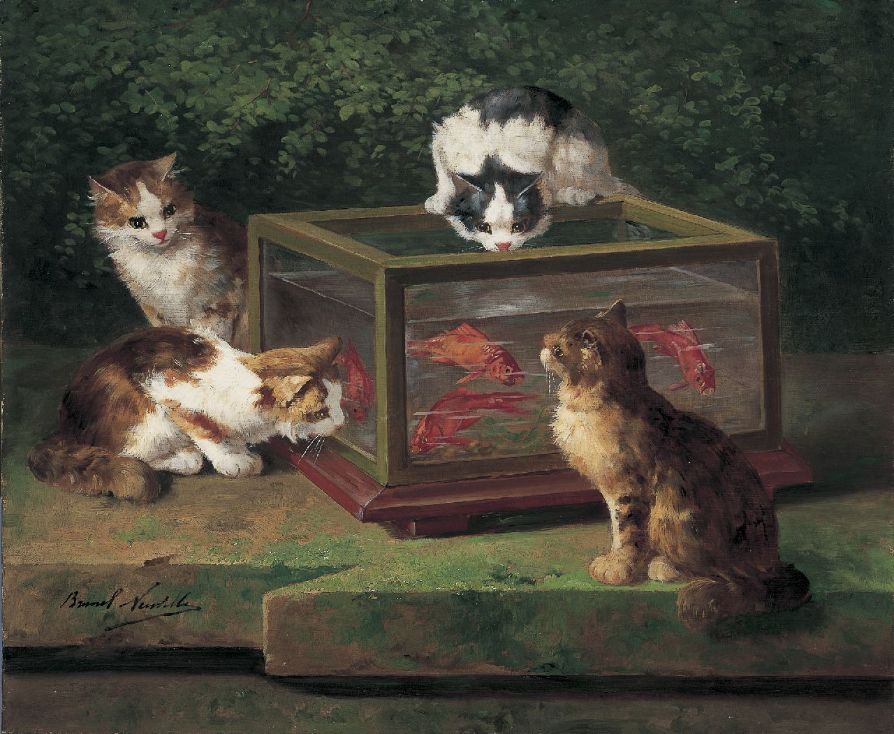 Alfred-Arthur de Brunel de Neuville | Vier poezen rond een aquarium, olieverf op doek, 54,0 x 65,2 cm, gesigneerd l.o.
