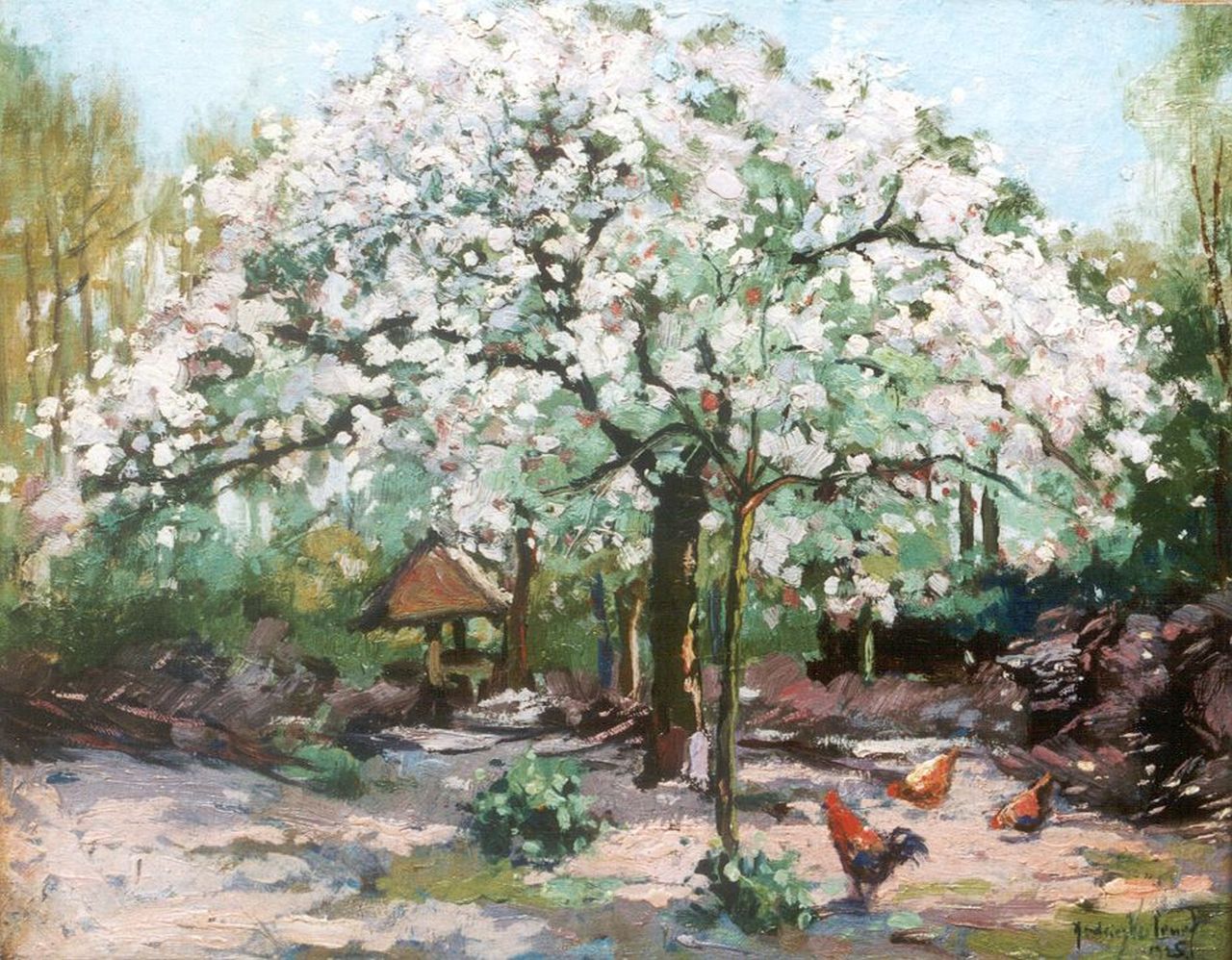 Verleur A.  | Andries Verleur, Kippen onder een bloesemboom, olieverf op doek 37,9 x 47,5 cm, gesigneerd rechtsonder en gedateerd 1925