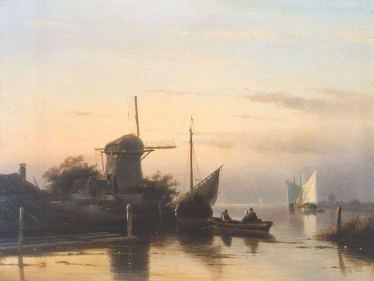 Leickert C.H.J.  | 'Charles' Henri Joseph Leickert, Zeilschepen en roeiboot op stil water, olieverf op paneel 24,8 x 32,7 cm, gesigneerd rechtsonder
