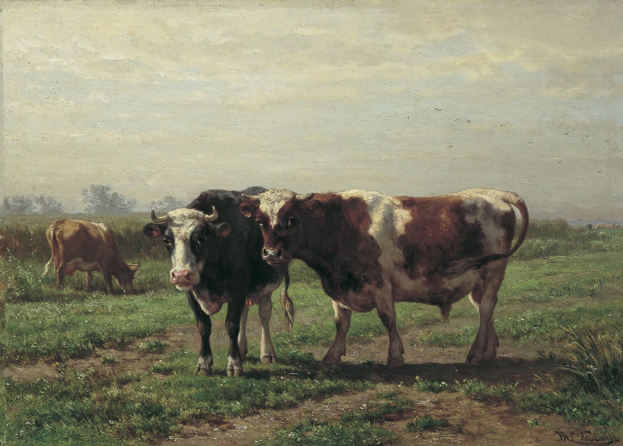 Haas J.H.L. de | Johannes Hubertus Leonardus de Haas, Zwart-en roodbont vee in een wei, olieverf op paneel 44,6 x 63,0 cm, gesigneerd rechtsonder en verso gedateerd 1869