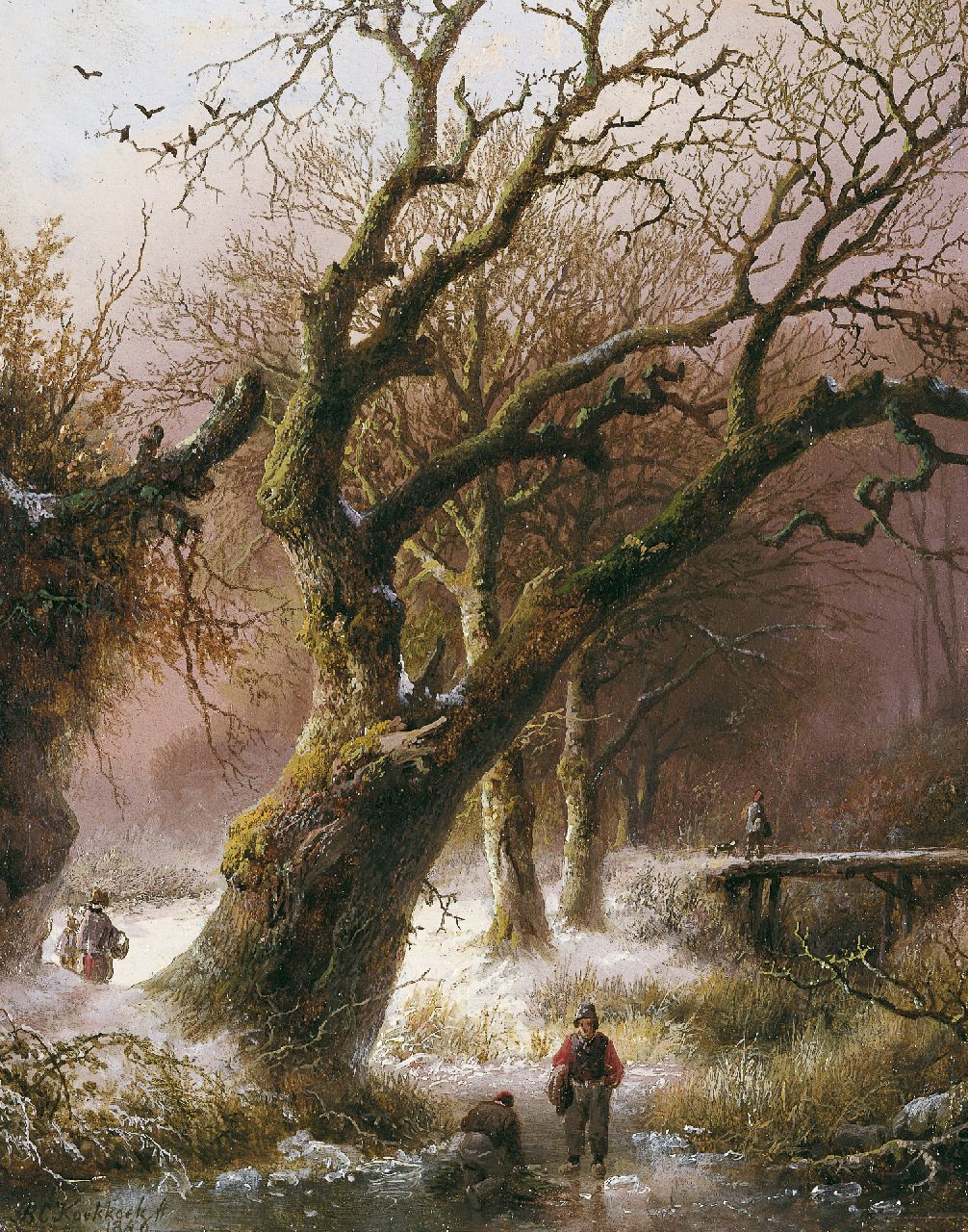 Koekkoek B.C.  | Barend Cornelis Koekkoek, Winters bosgezicht met bevroren beek, olieverf op paneel 17,9 x 14,3 cm, gesigneerd linksonder en gedateerd 1846