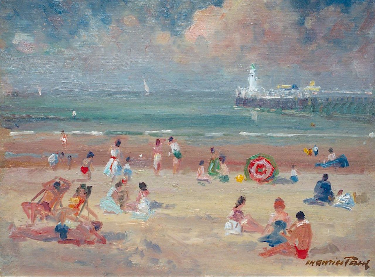 Paul M.  | Maurice Paul, Strandgezicht met pier en vuurtoren, olieverf op doek op board 27,1 x 35,0 cm, gesigneerd rechtsonder