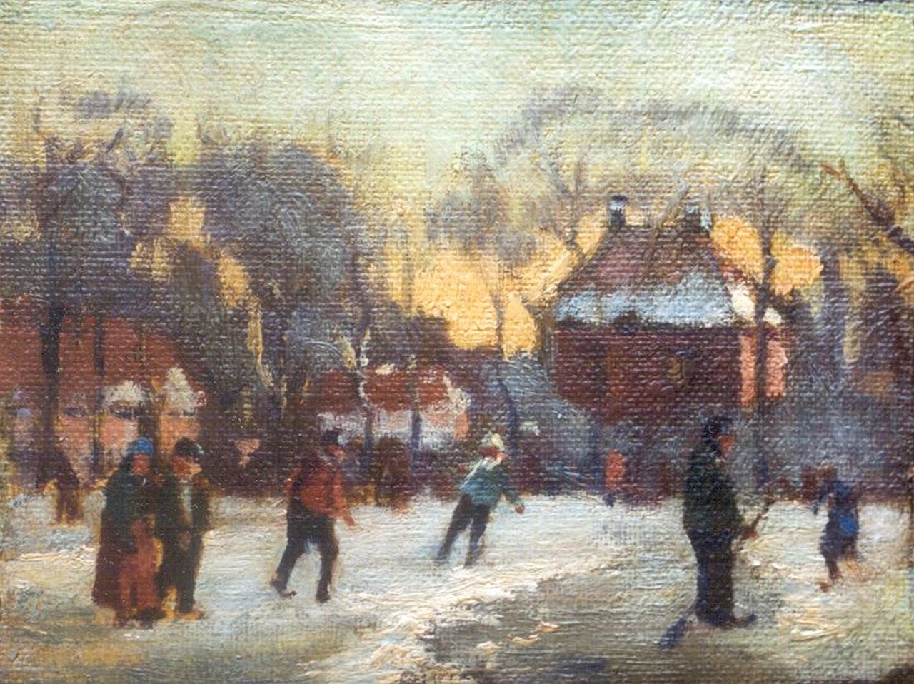 Klijn W.H.  | Wilhelm Heinrich 'Willem' Klijn, Dorpsgezicht met schaatsers, olieverf op doek op paneel 11,0 x 14,2 cm