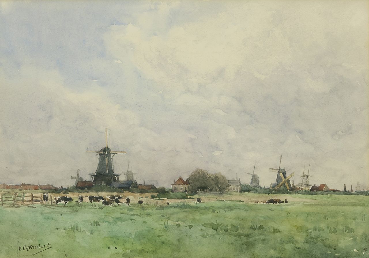 Uytterschaut V.  | Victor Uytterschaut | Aquarellen en tekeningen te koop aangeboden | Molens in een Hollands polderlandschap, potlood en aquarel op papier 32,0 x 47,0 cm, gesigneerd linksonder