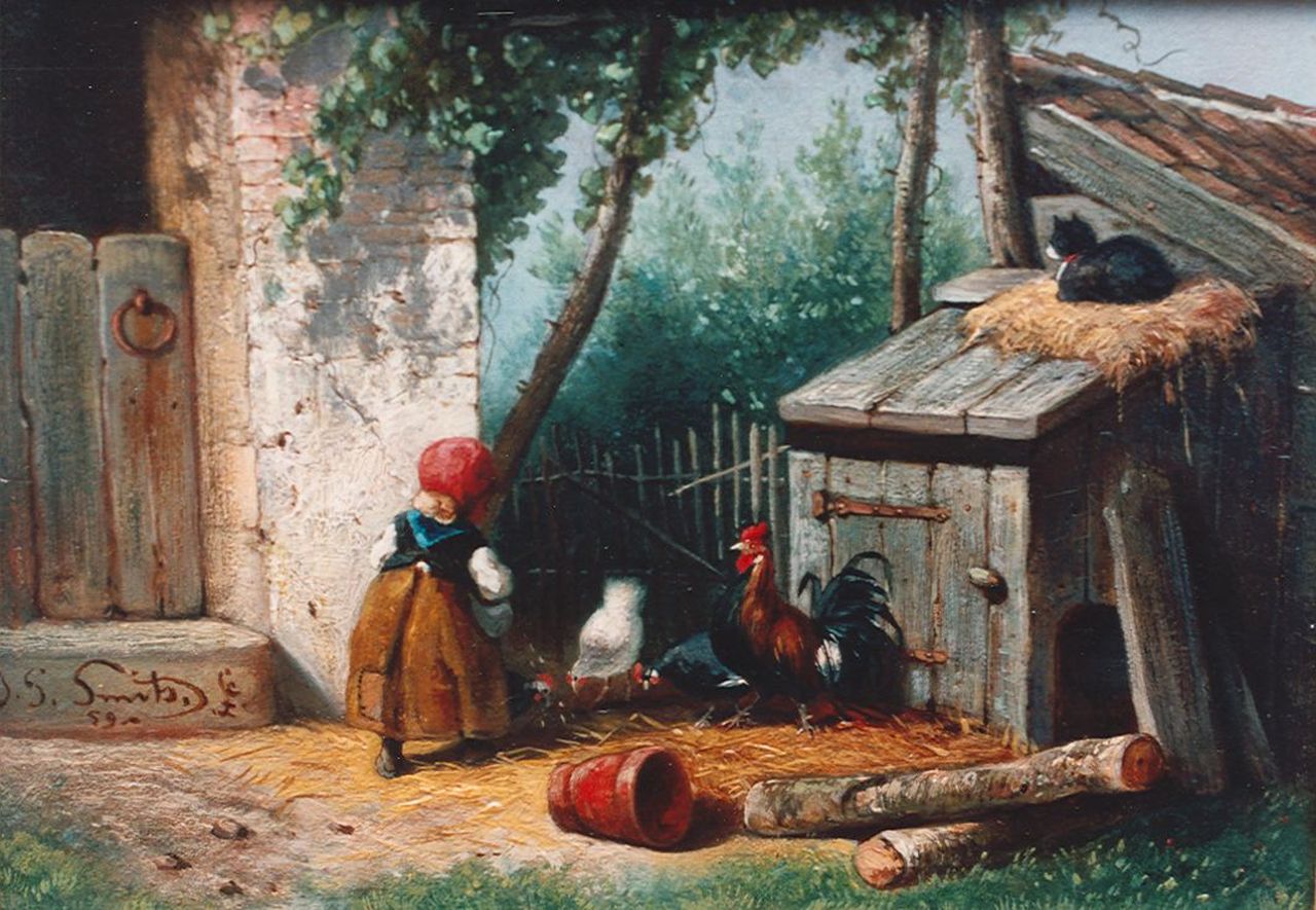 Smits J.G.  | Jan Gerard Smits, Meisje voert de kippen, olieverf op paneel 14,0 x 19,5 cm, gesigneerd linksonder en gedateerd '59