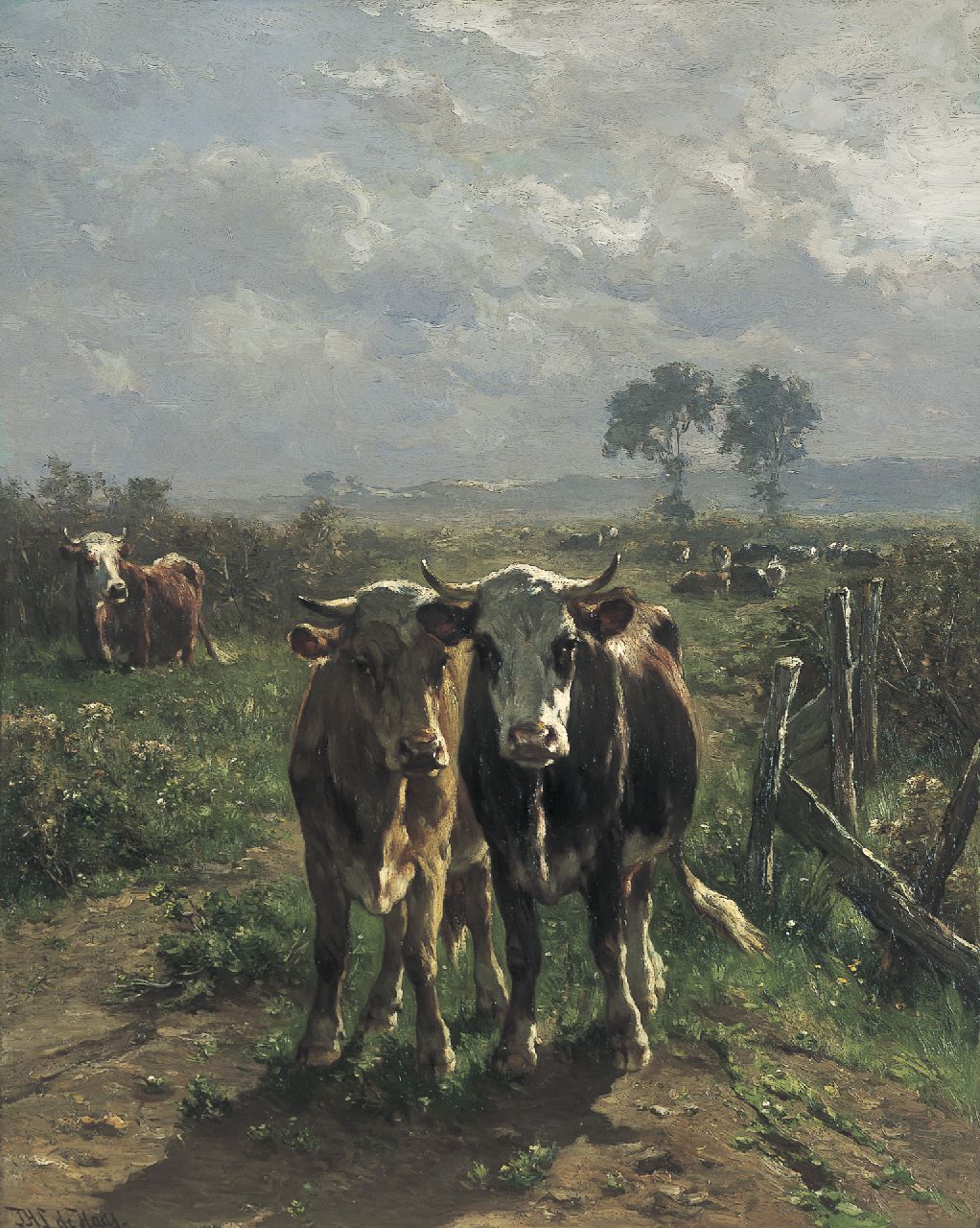 Haas J.H.L. de | Johannes Hubertus Leonardus de Haas, Koeien in zomers landschap, olieverf op paneel 80,8 x 64,5 cm, gesigneerd linksonder
