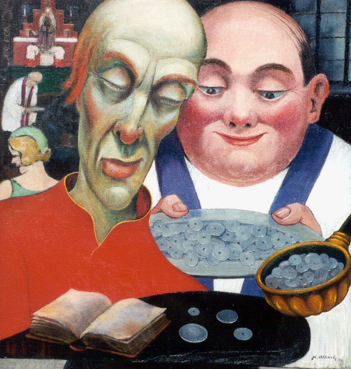 Allard X.  | Xavier Allard, De collecte in de kerk, olieverf op doek 70,2 x 65,7 cm, gesigneerd rechtsonder en gedateerd '32