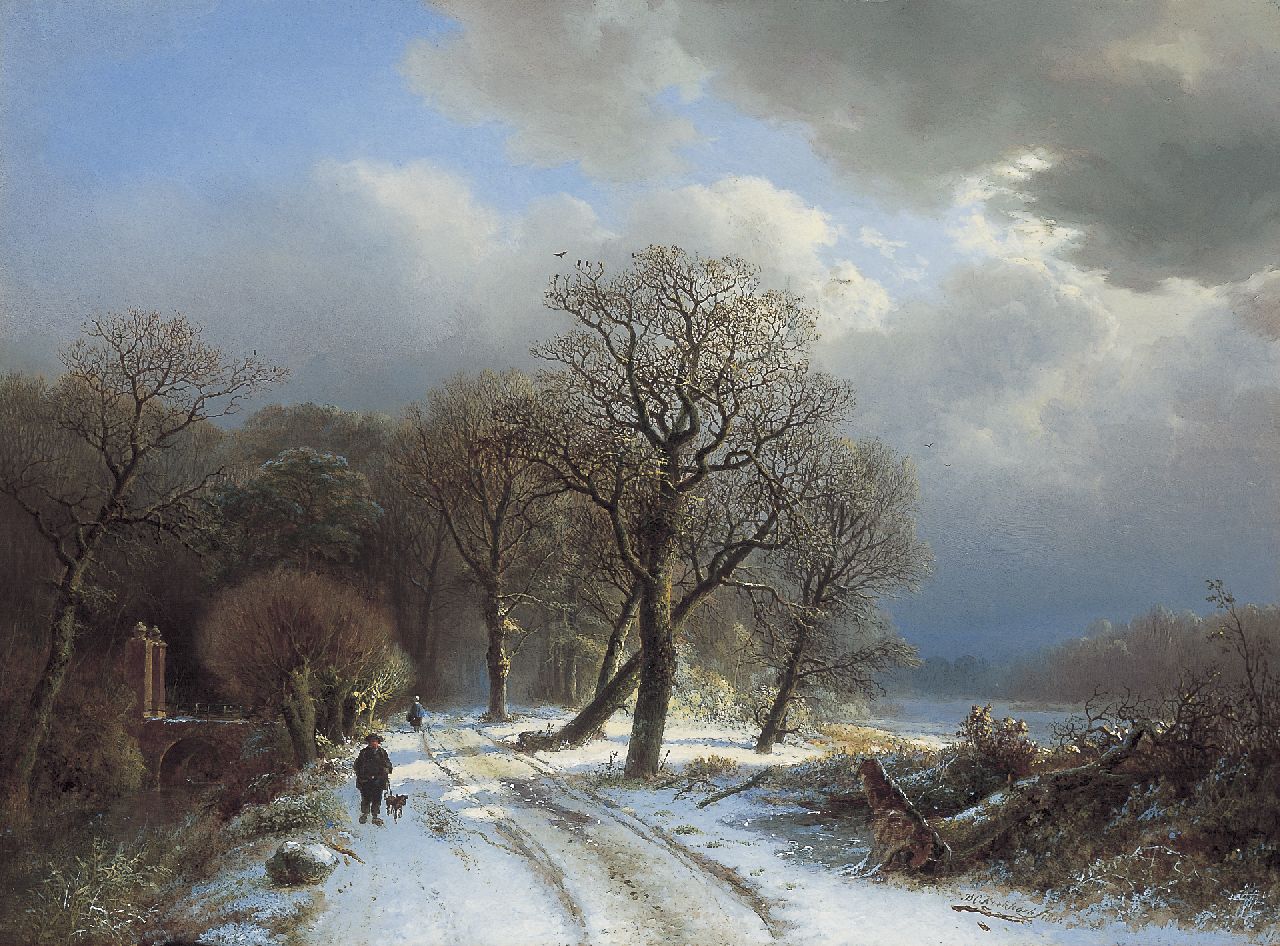 Koekkoek B.C.  | Barend Cornelis Koekkoek, Winters landschap met wandelaars, olieverf op paneel 37,0 x 50,5 cm, gesigneerd rechtsonder en gedateerd 1834