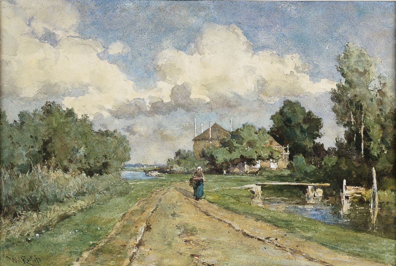 Roelofs W.  | Willem Roelofs, Boerin op polderweg, aquarel op papier 33,1 x 49,4 cm, gesigneerd linksonder