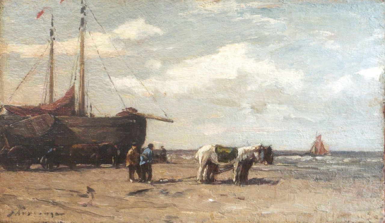 Akkeringa J.E.H.  | 'Johannes Evert' Hendrik Akkeringa, Bommen en schelpenkar op het strand, olieverf op paneel 14,3 x 24,3 cm, gesigneerd linksonder