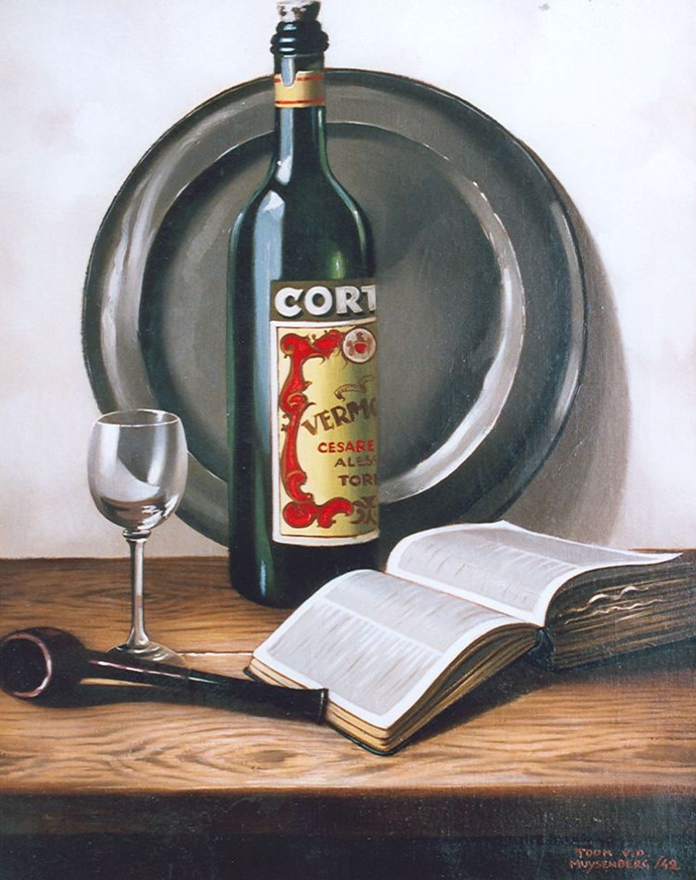 Muysenberg A.A.F. van den | Antonius Adrianus Franciscus 'Toon' van den Muysenberg, Stilleven met vermouthfles, olieverf op doek 50,2 x 40,0 cm, gesigneerd rechtsonder en gedateerd '42