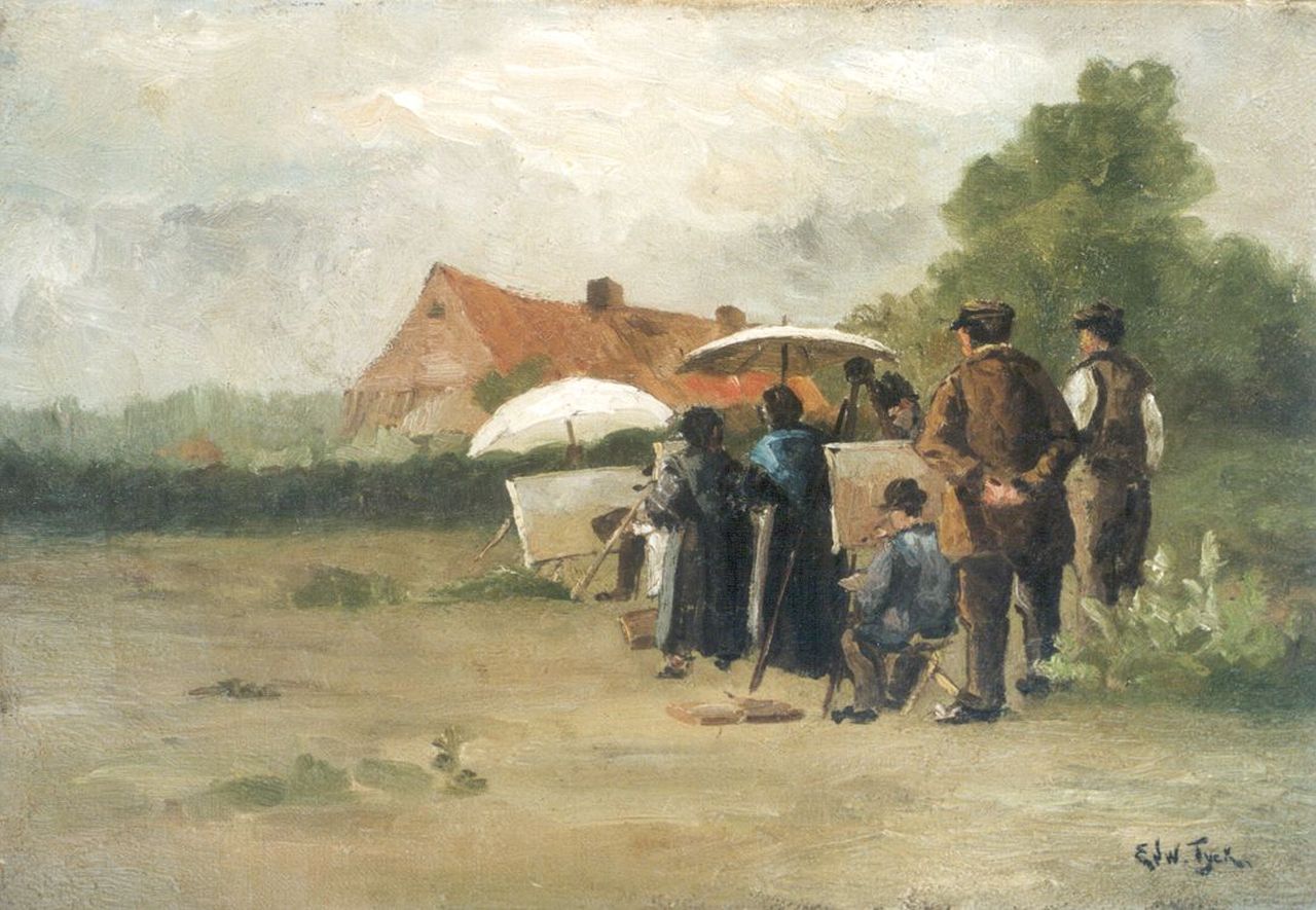 Tyck E.  | Edouard Tyck, De schildersleerlingen, olieverf op doek 24,3 x 35,1 cm, gesigneerd rechtsonder en verso en gedateerd verso 1885