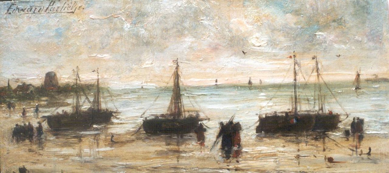 Portielje E.A.  | 'Edward' Antoon Portielje, Vissersschepen bij laag tij op het strand, olieverf op paneel 8,3 x 17,4 cm, gesigneerd linksboven