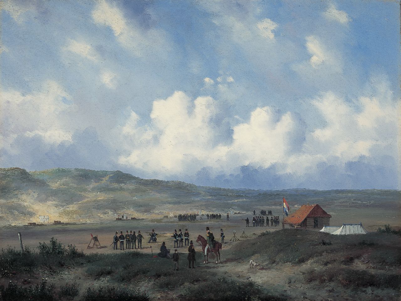 Ahrendts C.E.  | Carl Eduard Ahrendts, Infanterie schietkamp in de duinen bij Waalsdorp, olieverf op paneel 33,0 x 43,7 cm, gesigneerd rechtsonder en te dateren na 1840