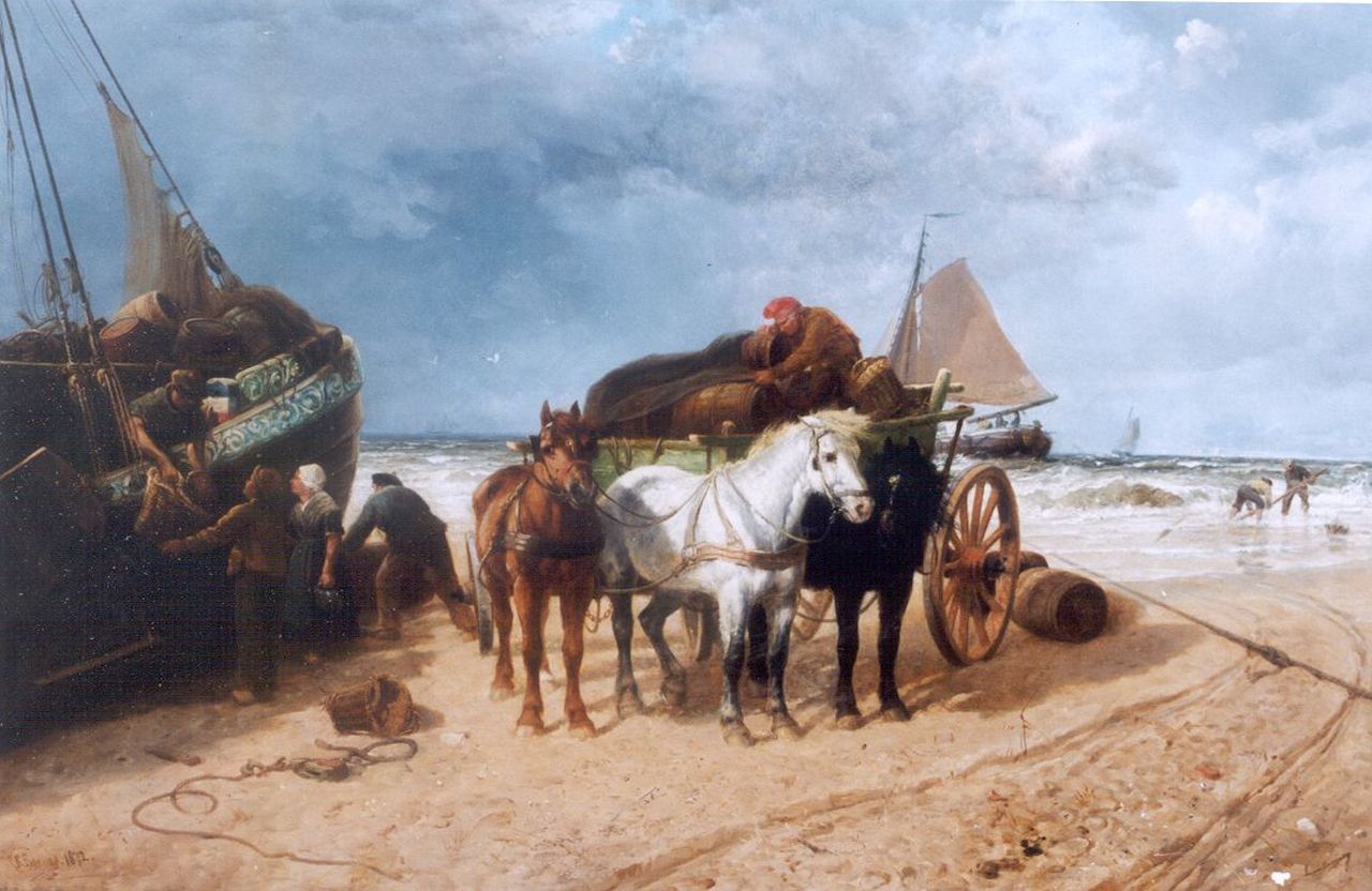 Beavis R.  | Richard Beavis, Het uitladen van de vangst, Scheveningen, olieverf op doek 86,5 x 124,6 cm, gesigneerd linksonder en gedateerd 1872