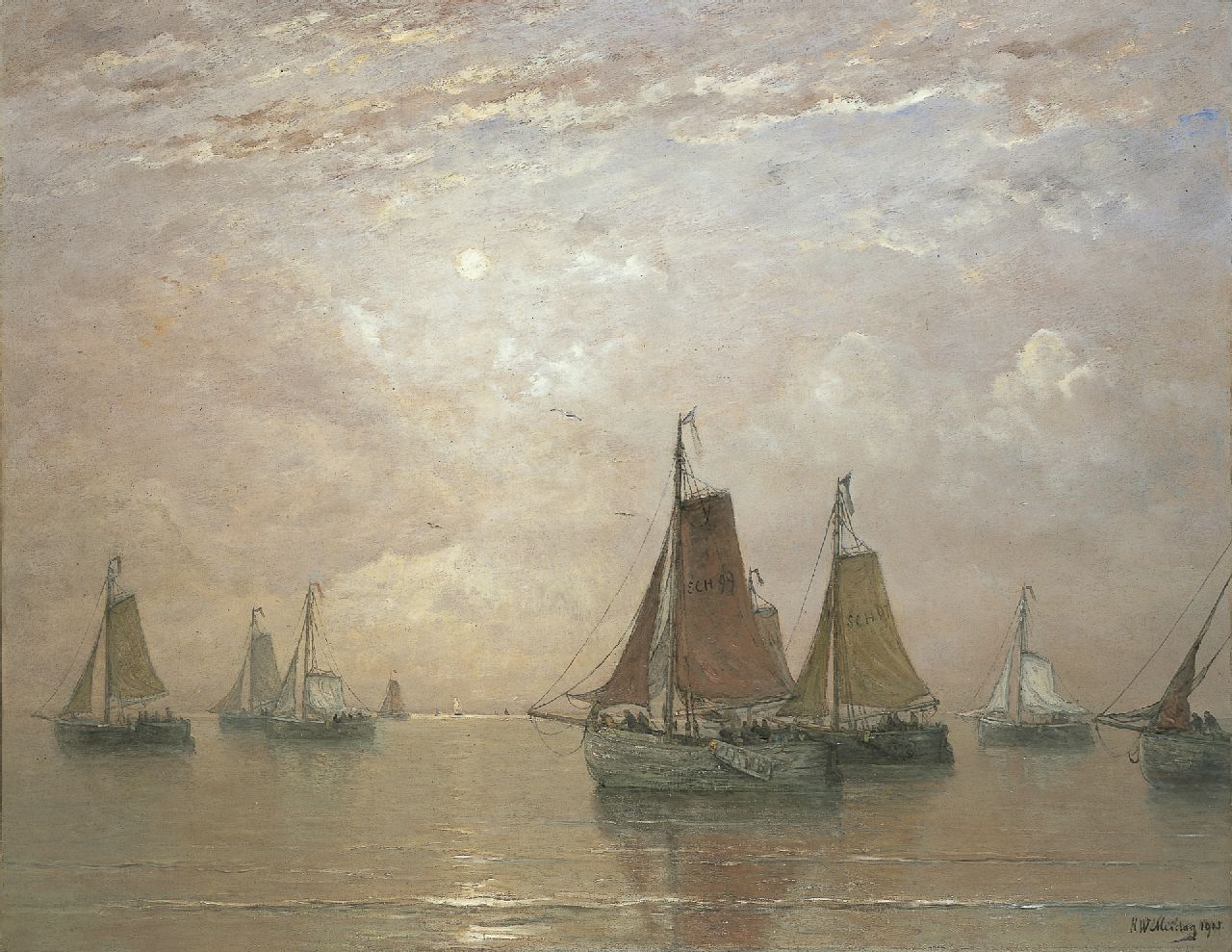 Mesdag H.W.  | Hendrik Willem Mesdag, Scheveningse vissersschuiten op kalme zee bij namiddagzon, olieverf op doek 140,0 x 180,0 cm, gesigneerd rechtsonder en gedateerd 1905