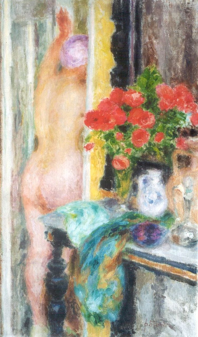Jablonski M.  | Jablonski, Staand vrouwelijk naakt bij een bloemstilleven, olieverf op doek 79,1 x 48,5 cm, gesigneerd rechtsonder