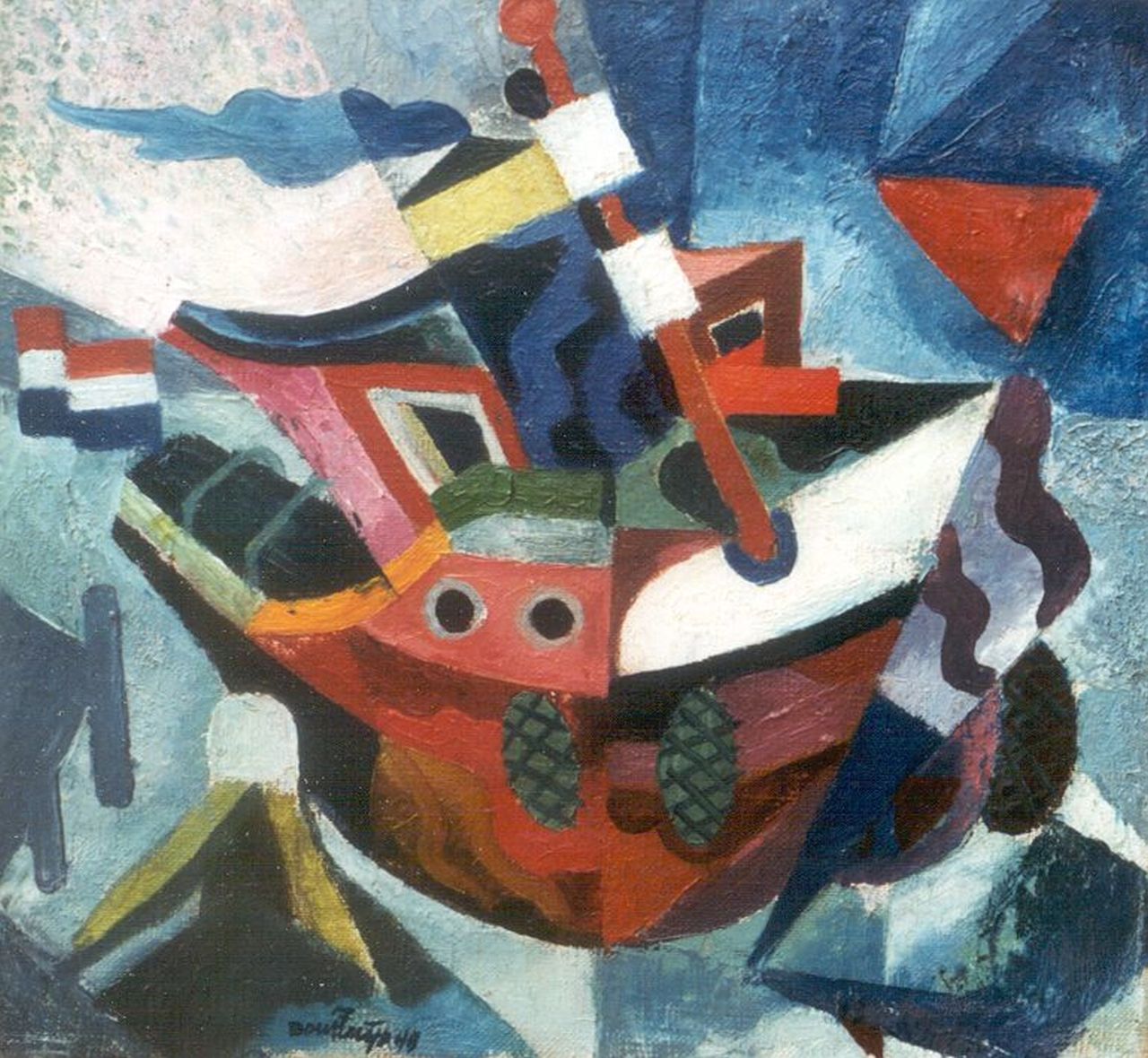 Bouhuijs J.  | Jacob 'Jaap' Bouhuijs, Sleepbootje, olieverf op doek 26,0 x 27,9 cm, gesigneerd links van het midden. en gedateerd '45