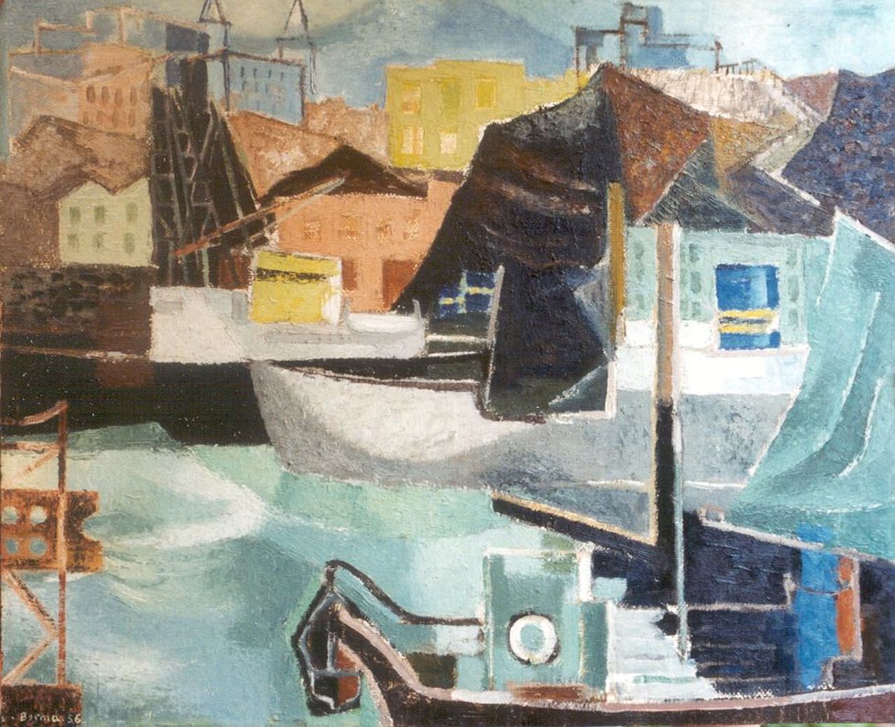 Bosma W.  | Willem 'Wim' Bosma, Compositie haven Göteborg, olieverf op board 49,5 x 60,9 cm, gesigneerd linksonder en gedateerd '56