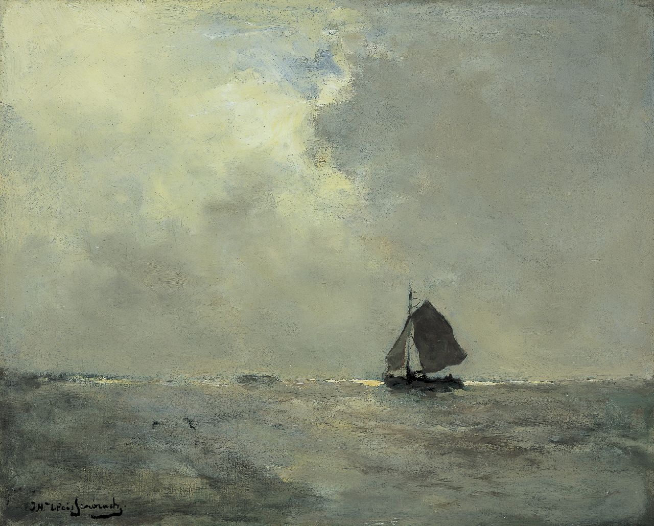 Weissenbruch H.J.  | Hendrik Johannes 'J.H.' Weissenbruch, Zeilboot voor het strand, olieverf op doek 39,6 x 49,3 cm, gesigneerd linksonder