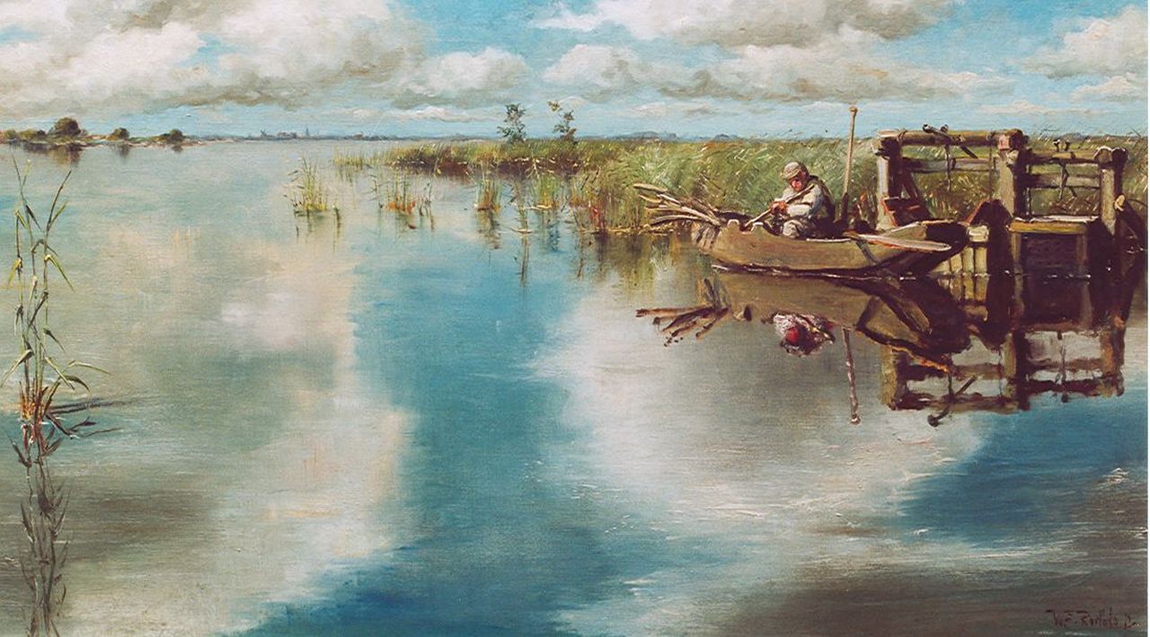 Roelofs jr. W.E.  | Willem Elisa Roelofs jr., Visser in roeiboot bij visbunnen, olieverf op doek 40,4 x 70,2 cm, gesigneerd rechtsonder