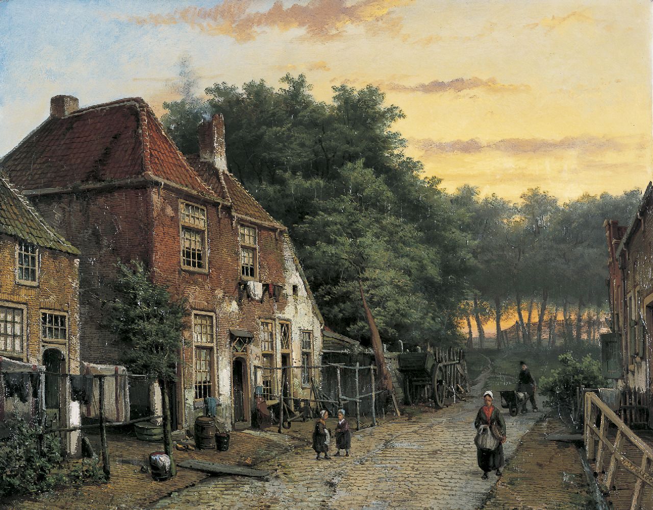 Koekkoek W.  | Willem Koekkoek, Hollands dorpsstraatje met figuren, olieverf op doek 53,9 x 69,0 cm, gesigneerd dubbel gesigneerd linksonder en rechtsonder