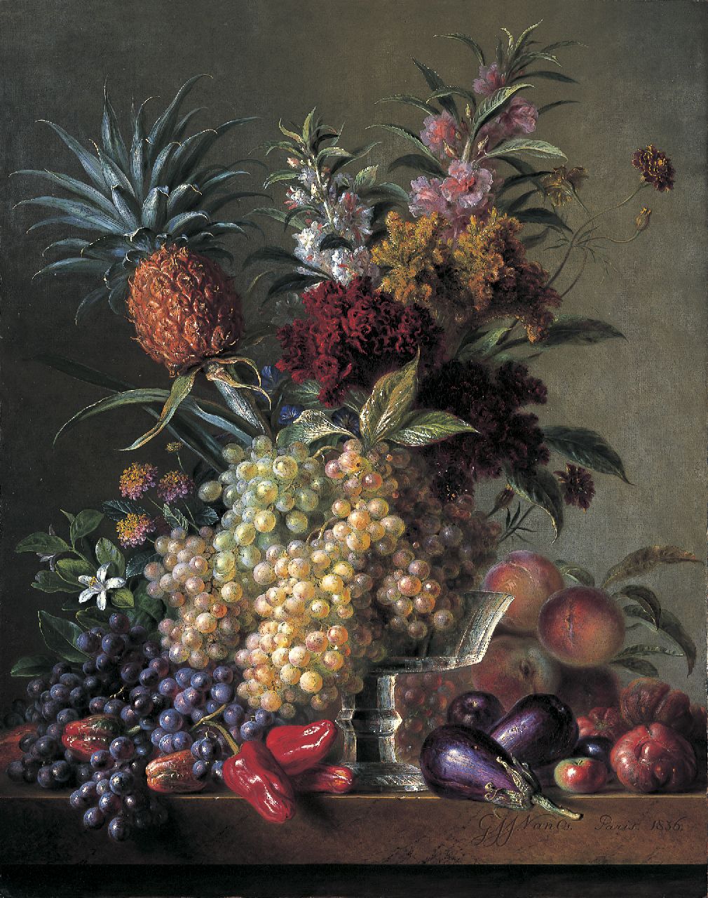 Os G.J.J. van | Georgius Jacobus Johannes van Os, Stilleven met fruit en bloemen, olieverf op doek 92,5 x 73,3 cm, gesigneerd rechtsonder en gedateerd 1836