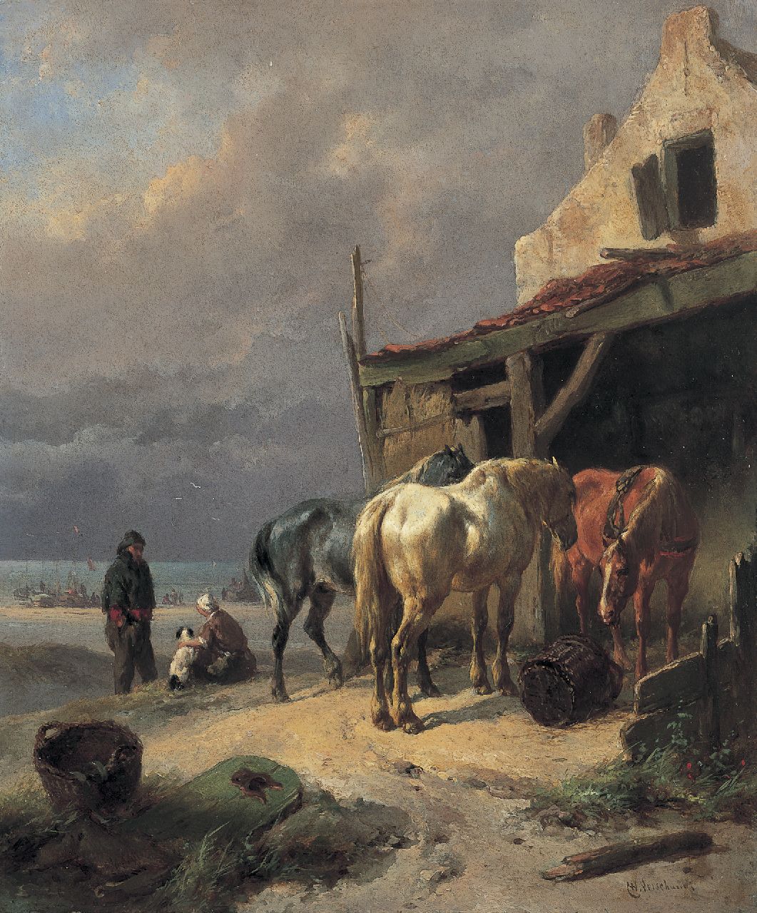 Verschuur W. | Wouterus Verschuur, Rustende trekpaarden bij het strand, olieverf op paneel 27,1 x 22,5 cm, gesigneerd rechtsonder Verschuur W. | Wouterus Verschuur, Rustende trekpaarden bij het strand, olieverf op paneel 27,1 x 22,5 cm, gesigneerd rechtsonder