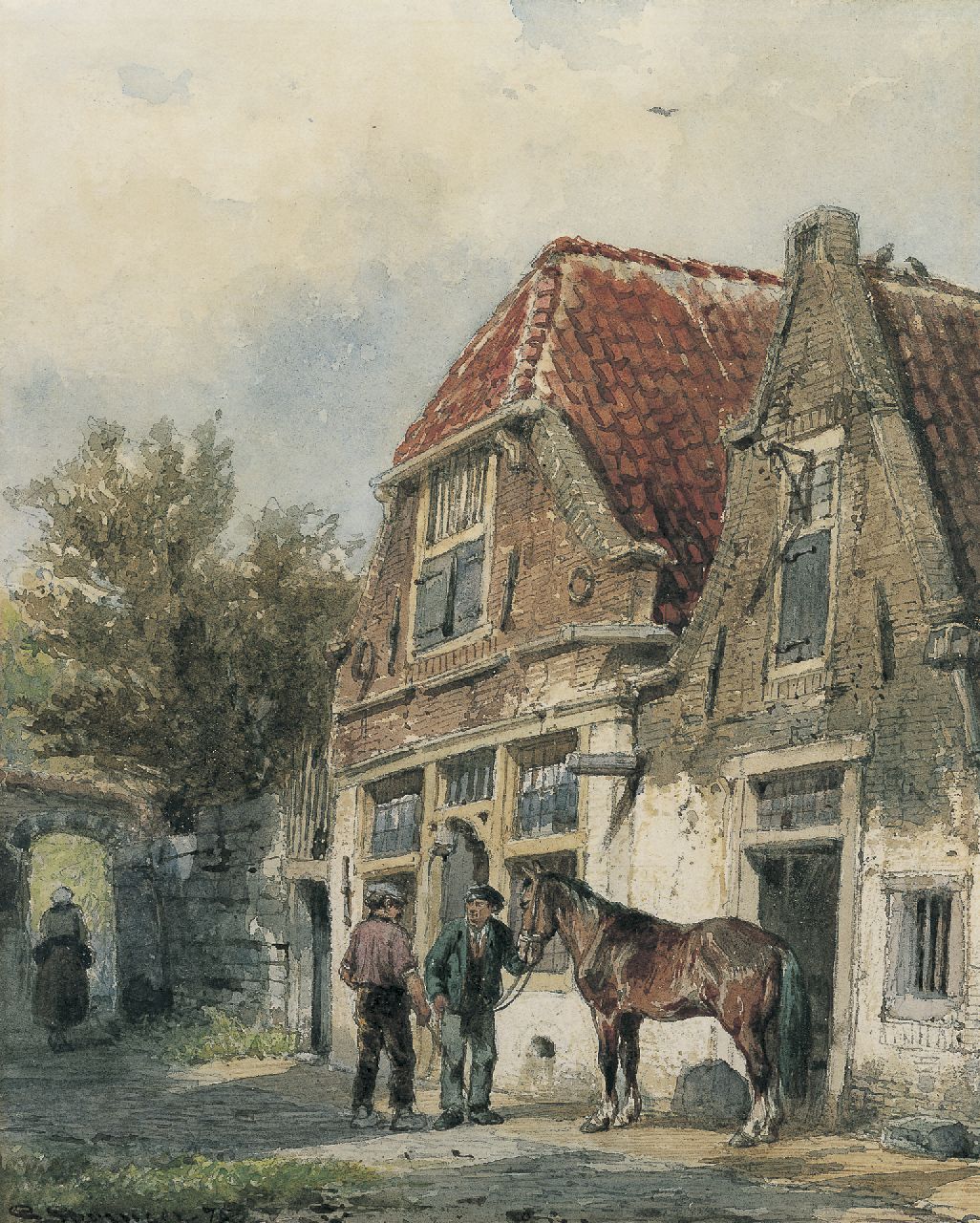 Springer C.  | Cornelis Springer, Stalknechten met paard in een straatje, potlood en aquarel op papier 24,6 x 19,8 cm, gesigneerd linksonder en gedateerd '75