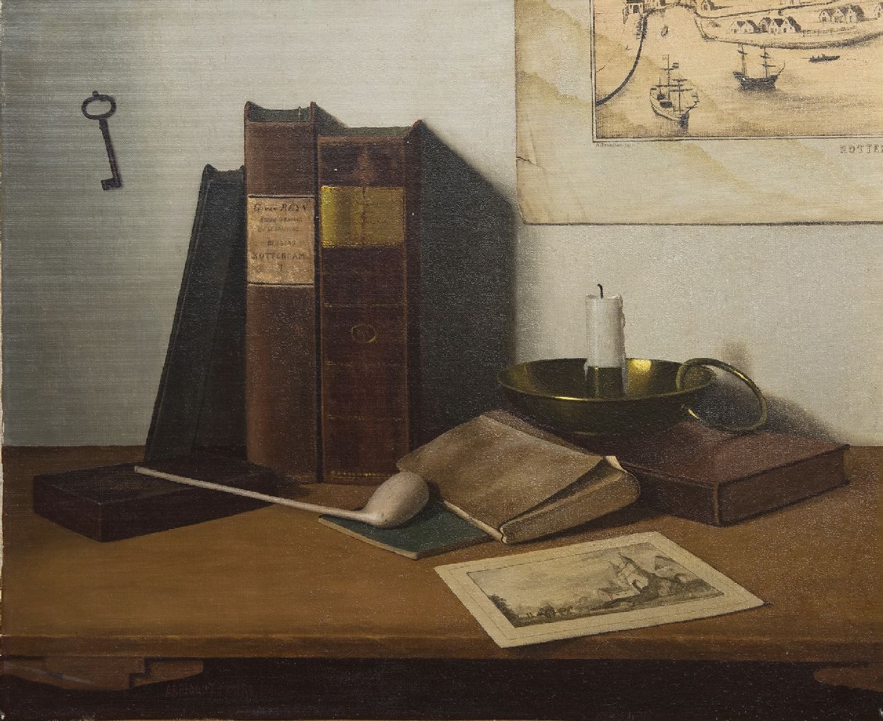 Timmers A.  | Adrianus 'Adriaan' Timmers | Schilderijen te koop aangeboden | Stilleven met boeken en een prent van Rotterdam, olieverf op doek 45,1 x 55,2 cm, gesigneerd linksonder en gedateerd 1940