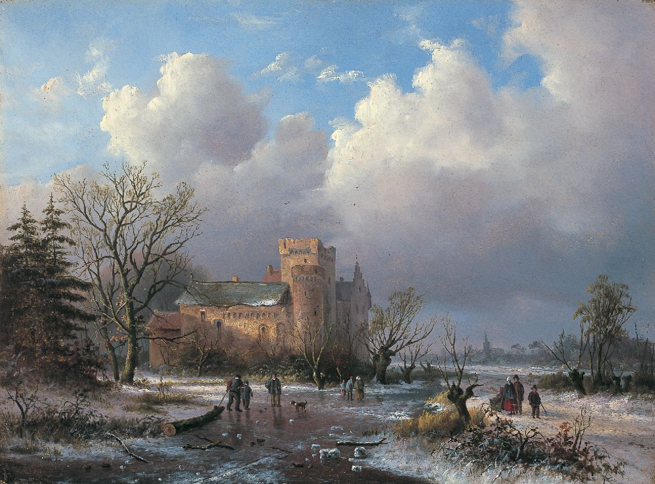 Daiwaille A.J.  | Alexander Joseph Daiwaille, Winters rivierlandschap met kasteel, olieverf op paneel 26,2 x 35,3 cm