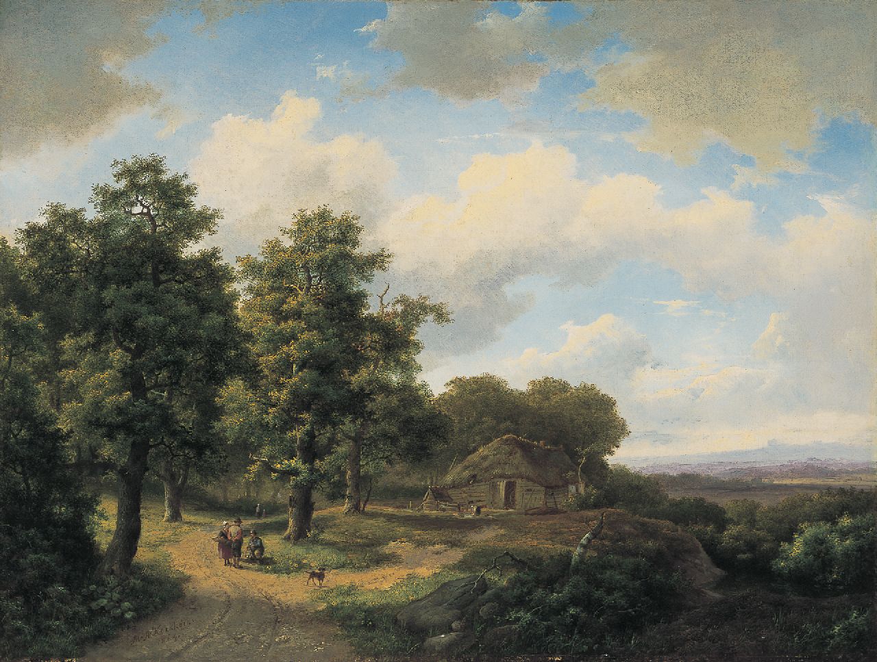 Koekkoek I M.A.  | Marinus Adrianus Koekkoek I, Landvolk op een pad langs de bosrand, olieverf op doek 46,7 x 61,7 cm, gesigneerd linksonder en gedateerd 1864