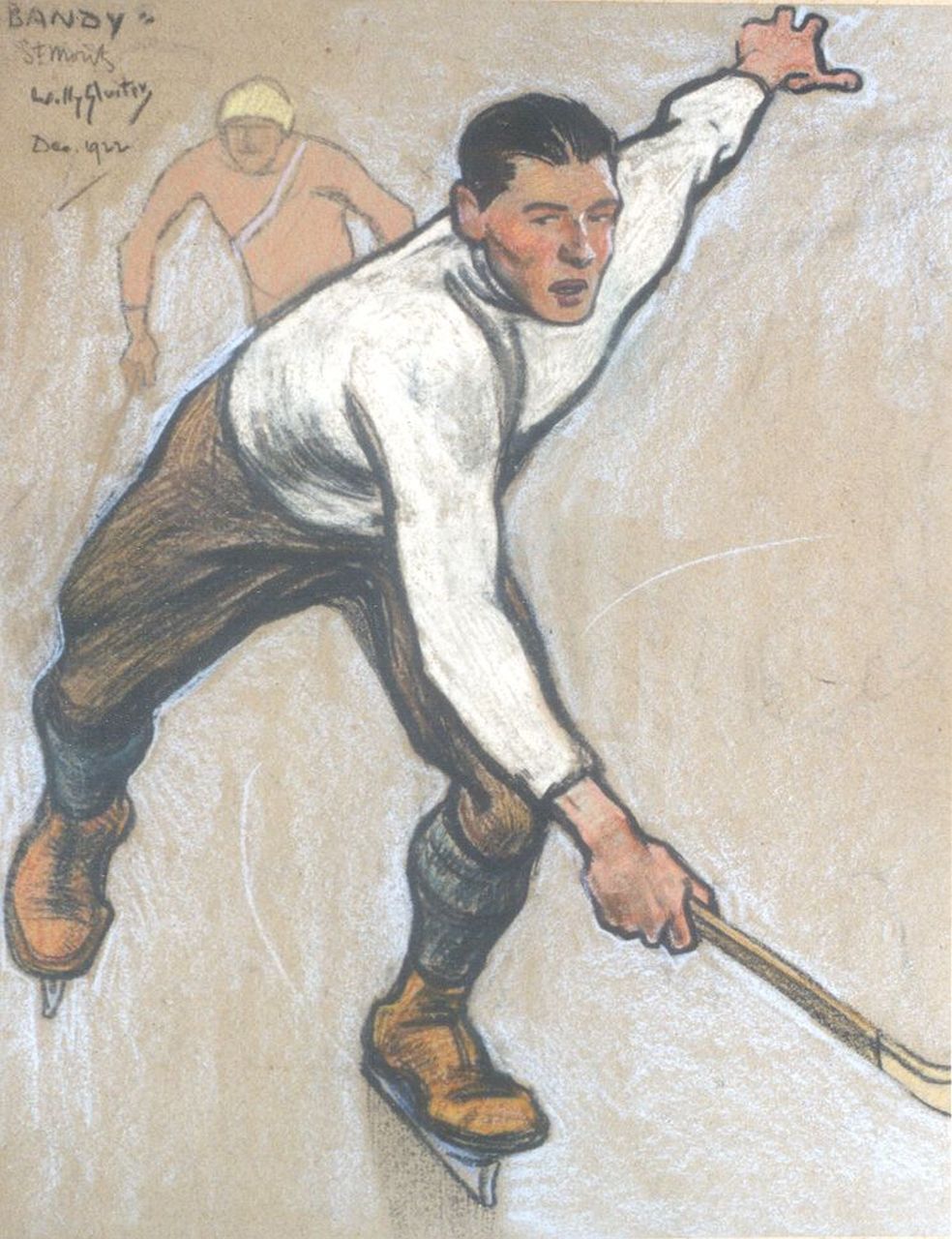 Sluiter J.W.  | Jan Willem 'Willy' Sluiter, Bandyspelers in St. Moritz, gekleurd krijt op papier 40,7 x 32,4 cm, gesigneerd linksboven en gedateerd St. Moritz Dec. 1922