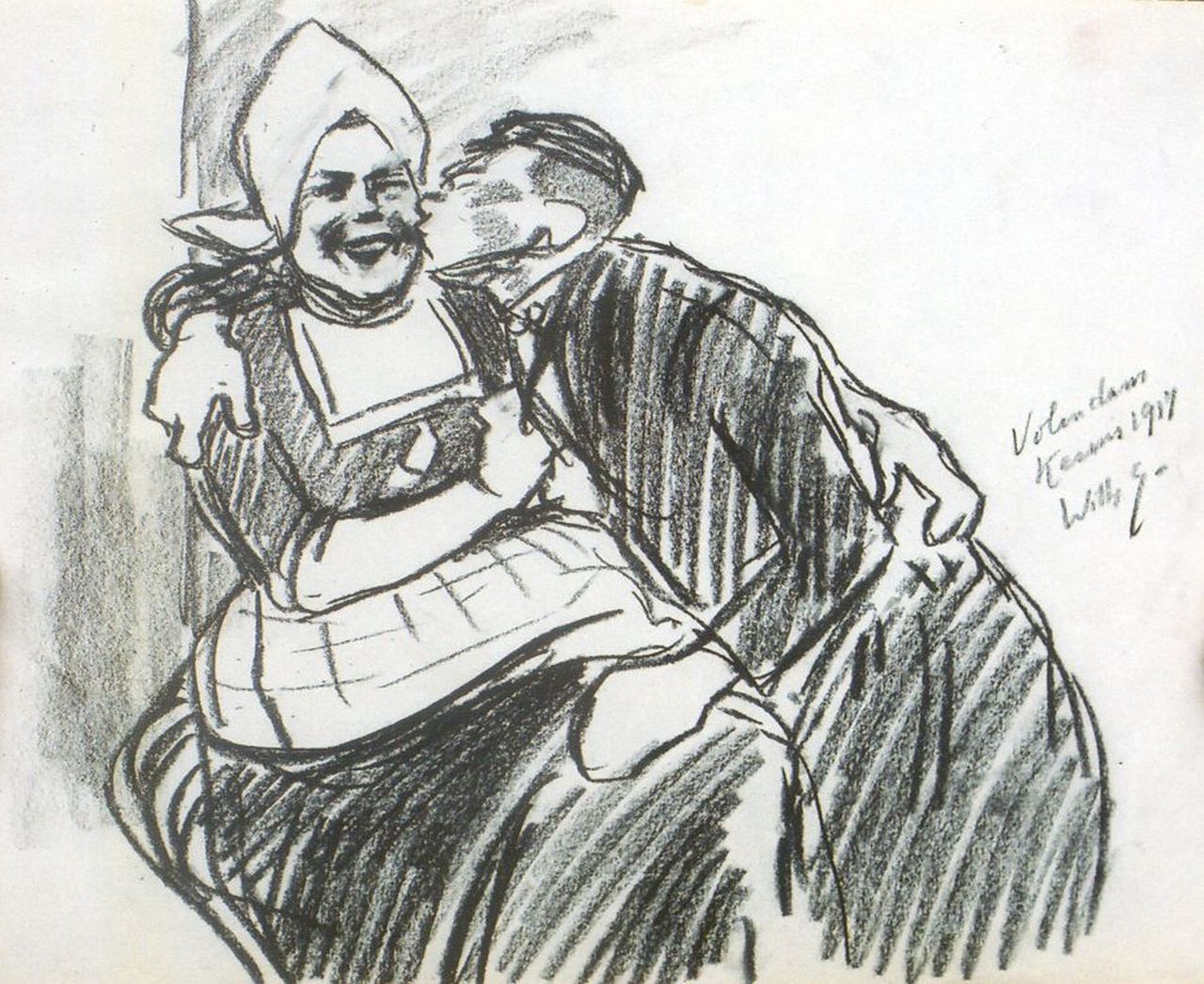 Sluiter J.W.  | Jan Willem 'Willy' Sluiter, Een kus op de kermis, Volendam, zwart krijt op papier 26,3 x 33,0 cm, gesigneerd rechtsmidden en gedateerd 1917