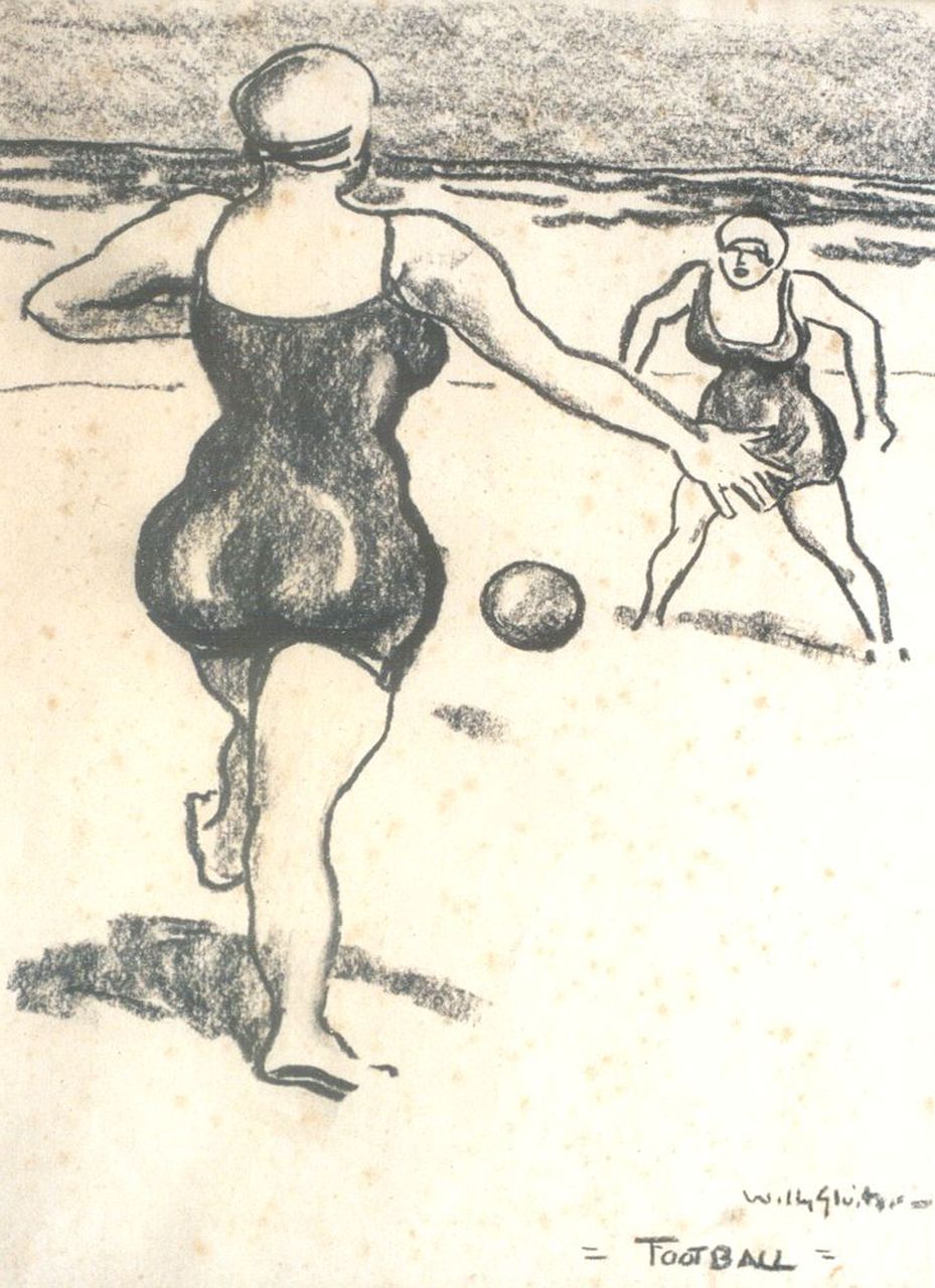 Sluiter J.W.  | Jan Willem 'Willy' Sluiter, Het partijtje voetbal, zwart krijt op papier 30,5 x 22,5 cm, gesigneerd rechtsonder