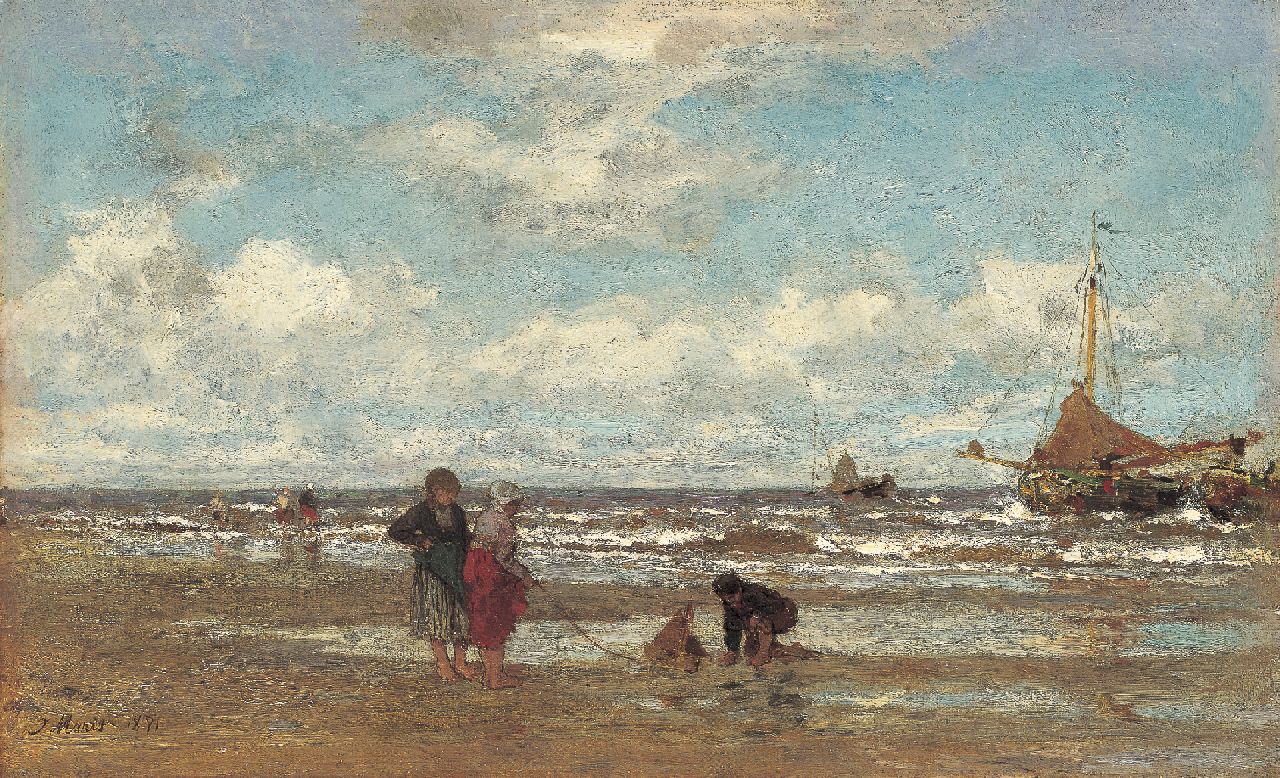 Maris J.H.  | Jacobus Hendricus 'Jacob' Maris, Het strand bij Scheveningen, olieverf op doek 22,0 x 35,8 cm, gesigneerd linksonder en gedateerd 1871
