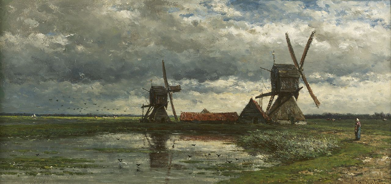 Roelofs W.  | Willem Roelofs, Polderlandschap met wipwatermolens, olieverf op paneel 28,0 x 59,0 cm, gesigneerd rechtsonder en te dateren ca. 1880-1885
