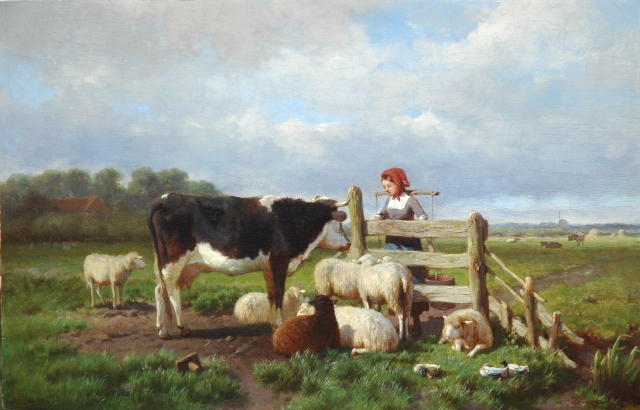Mauve A.  | Anthonij 'Anton' Mauve, Melkmeisje en vee bij een hek, olieverf op paneel 31,7 x 50,0 cm, gesigneerd linksonder