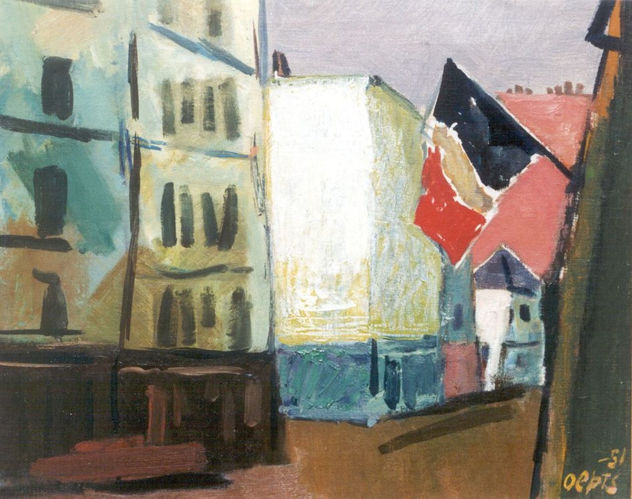 Oepts W.A.  | Willem Anthonie 'Wim' Oepts, Frans straatje met vlag, olieverf op doek 32,6 x 40,8 cm, gesigneerd rechtsonder en gedateerd '51