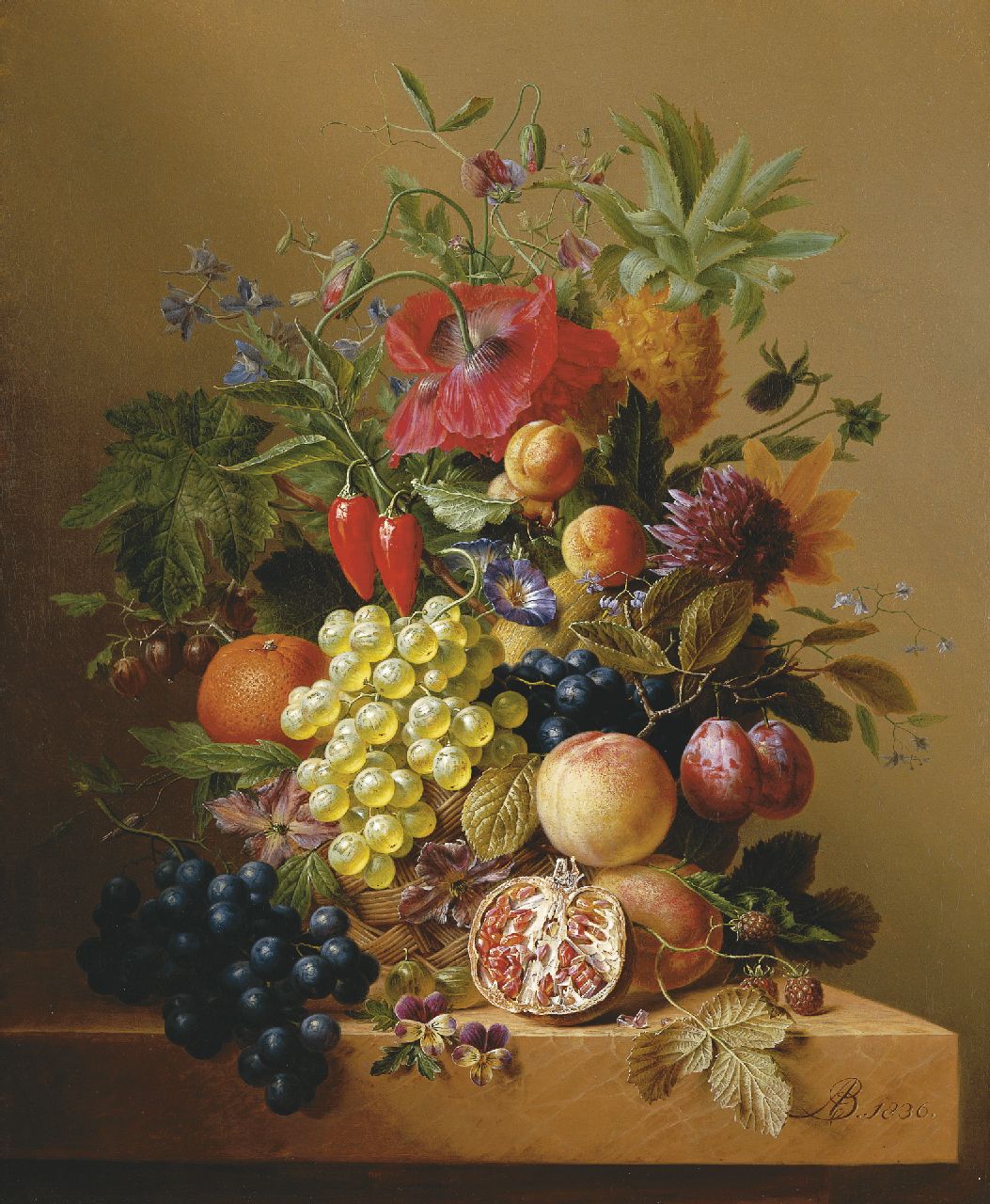 Bloemers A.  | Arnoldus Bloemers, Stilleven met bloemen, fruit en groente, olieverf op doek 65,0 x 54,0 cm, gesigneerd r.o met monogram en gedateerd 1836