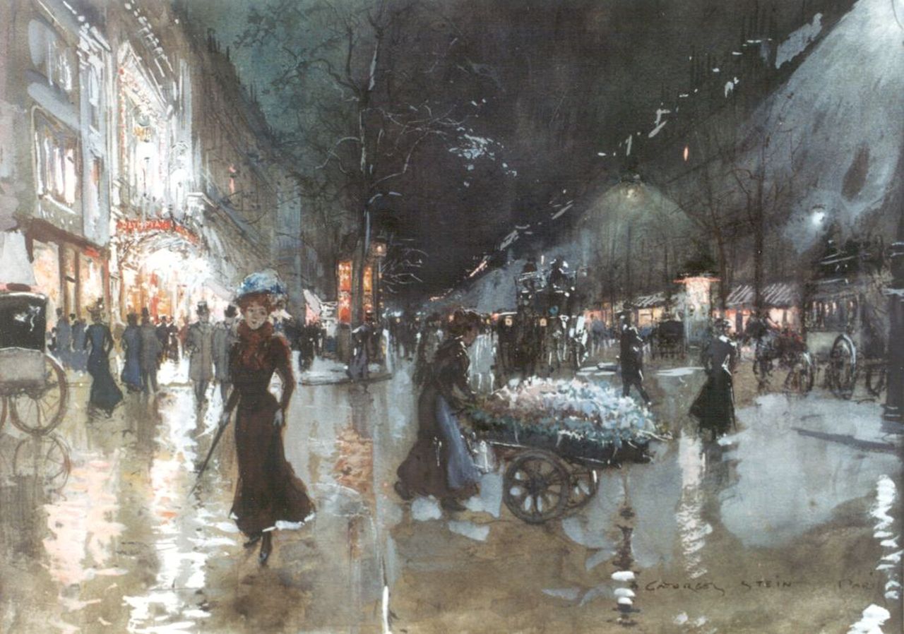 Stein G.  | Georges Stein, Boulevard des Capucines in Parijs bij avond, potlood, aquarel en gouache op papier 25,0 x 34,0 cm, gesigneerd rechtsonder