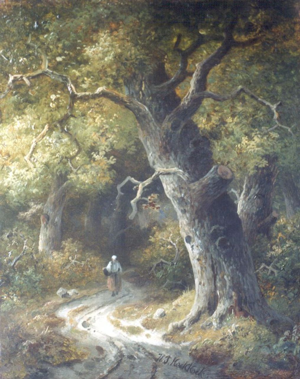 Koekkoek P.H.  | Pieter Hendrik 'H.P.' Koekkoek, Boerenvrouw op een bospad, olieverf op paneel 25,5 x 20,7 cm, gesigneerd middenonder