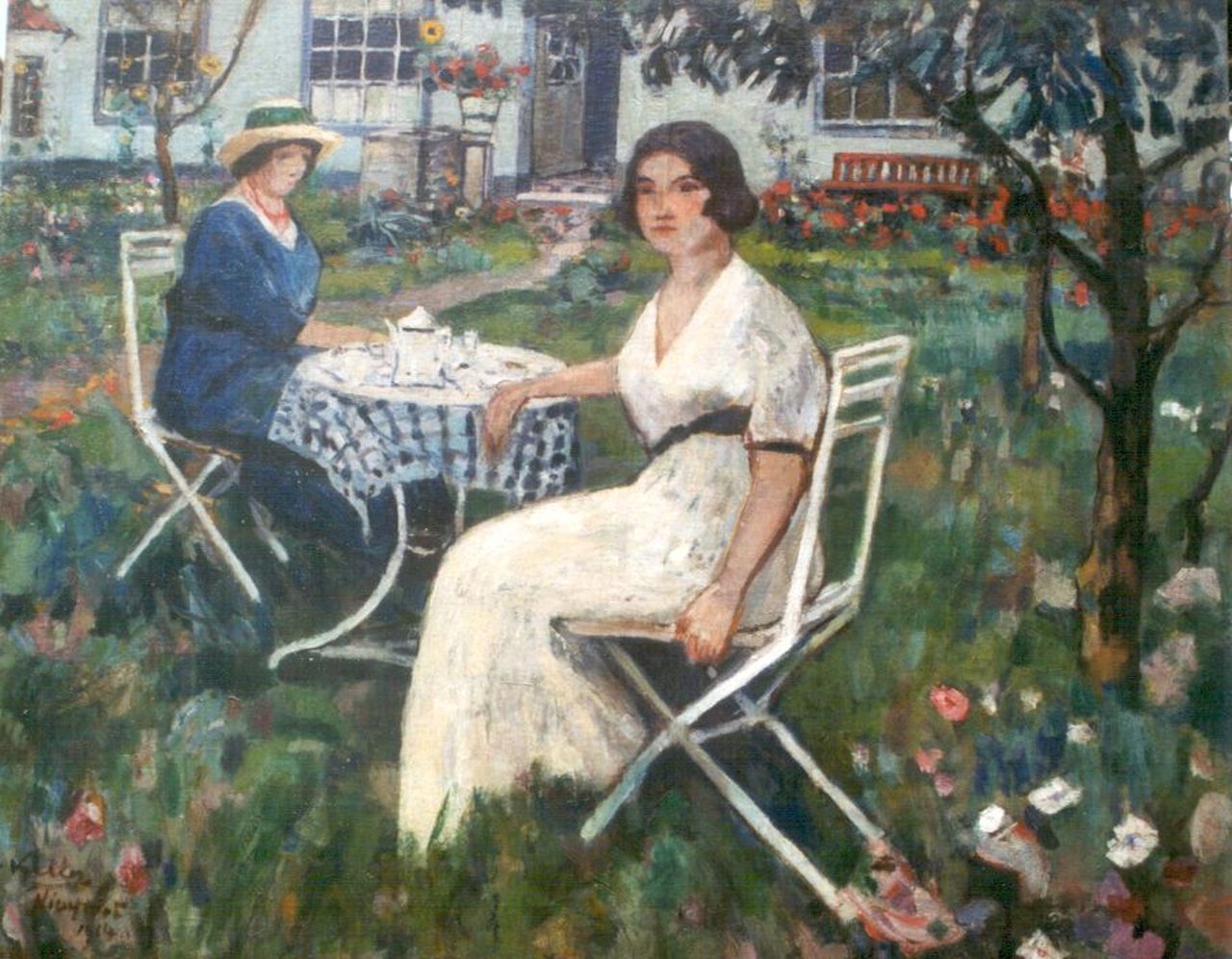 Keller A.  | Adolphe Keller, Twee dames in een tuin te Nieuwpoort, olieverf op doek 85,9 x 106,0 cm, gesigneerd linksonder en gedateerd 'Nieuwpoort' 1914