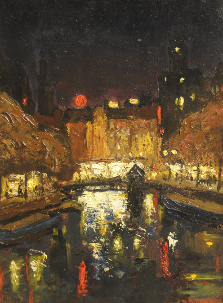 Mackenzie M.H.  | Marie Henri Mackenzie, Lichteffect: Singel bij de Munt in Amsterdam, olieverf op board 39,8 x 29,8 cm, gesigneerd rechtsonder