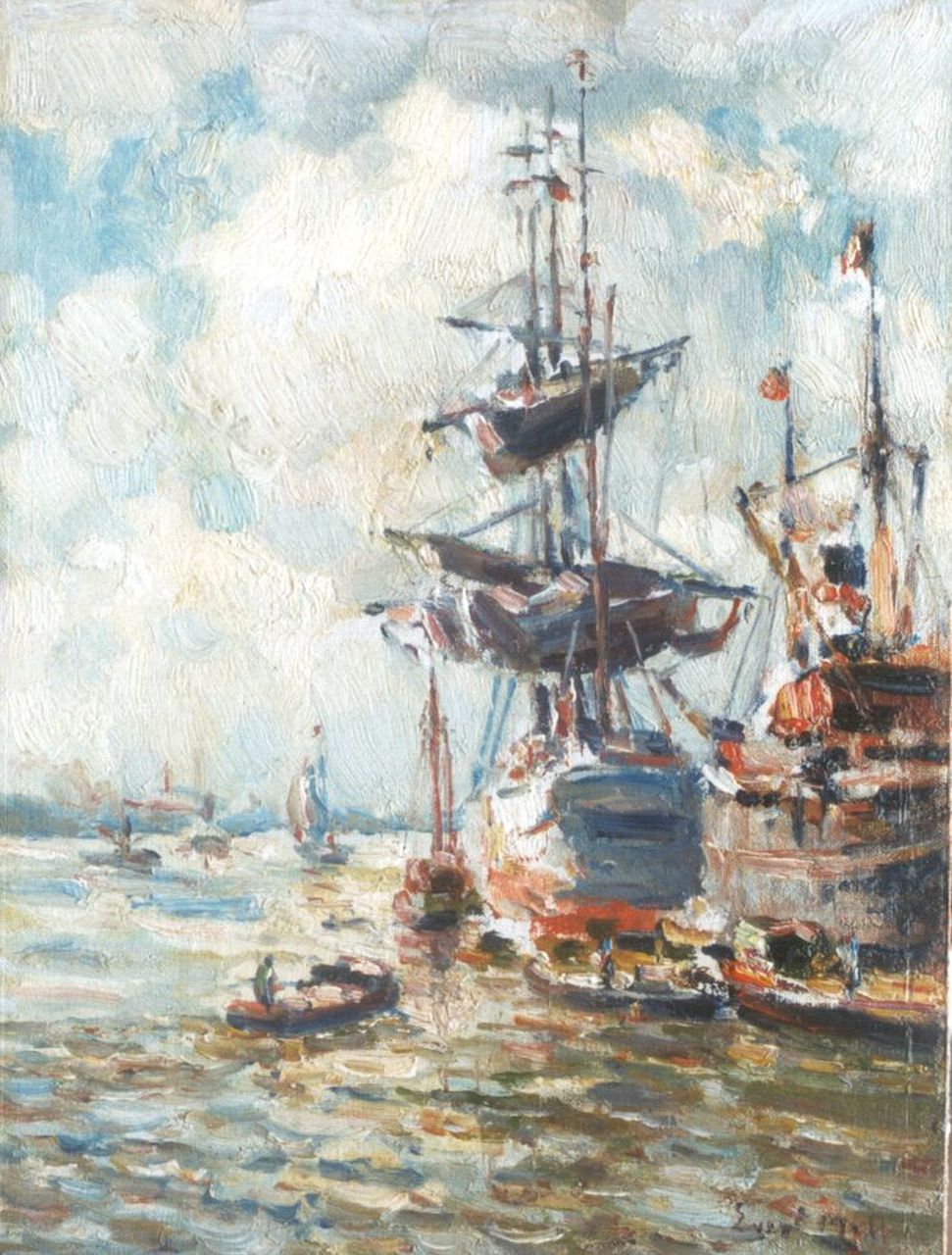 Moll E.  | Evert Moll, Een driemaster en andere schepen in de Rotterdamse haven, olieverf op doek op paneel 24,9 x 18,9 cm, gesigneerd rechtsonder
