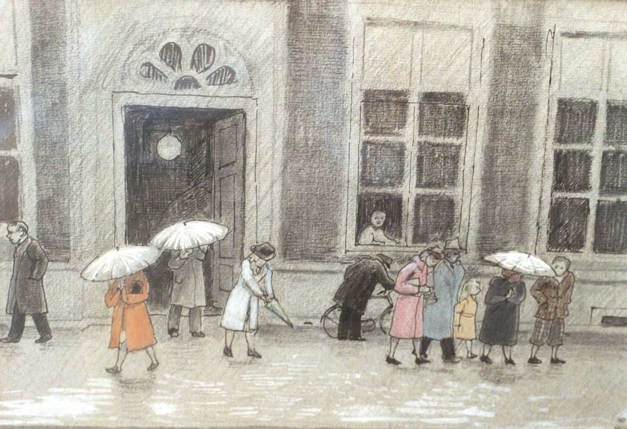 Kamerlingh Onnes H.H. | 'Harm' Henrick Kamerlingh Onnes, In de regen, pen, inkt, krijt, kleurpotlood en aquarel op papier 21,0 x 30,5 cm, gesigneerd rechtsonder met monogram en gedateerd '50 Kamerlingh Onnes H.H. | 'Harm' Henrick Kamerlingh Onnes, In de regen, pen, inkt, krijt, kleurpotlood en aquarel op papier 21,0 x 30,5 cm, gesigneerd rechtsonder met monogram en gedateerd '50