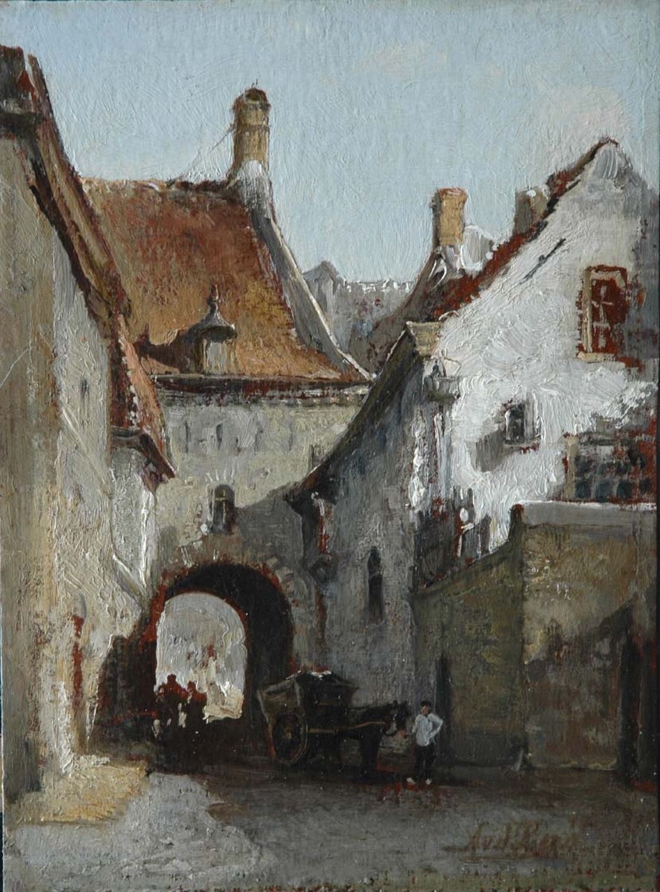 Berg A. van den | Andries van den Berg, Poort te Zutphen, olieverf op board op paneel 31,3 x 23,5 cm, gesigneerd rechtsonder en verso