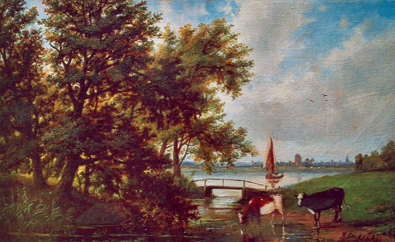 Koekkoek II M.A.  | Marinus Adrianus Koekkoek II, Bosrijk rivierlandschap met wadend vee, olieverf op doek 20,3 x 32,3 cm, gesigneerd rechtsonder